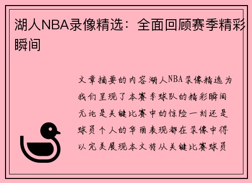 湖人NBA录像精选：全面回顾赛季精彩瞬间