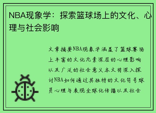 NBA现象学：探索篮球场上的文化、心理与社会影响