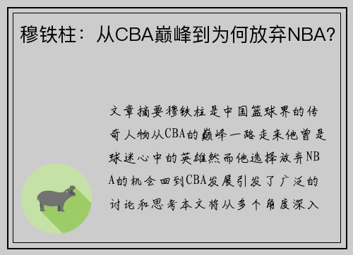 穆铁柱：从CBA巅峰到为何放弃NBA？