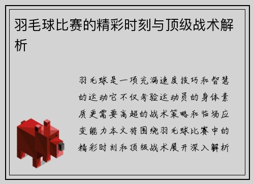 羽毛球比赛的精彩时刻与顶级战术解析